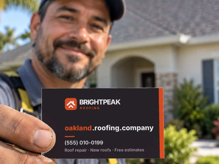 oakland.roofing.company on a roofer's business card