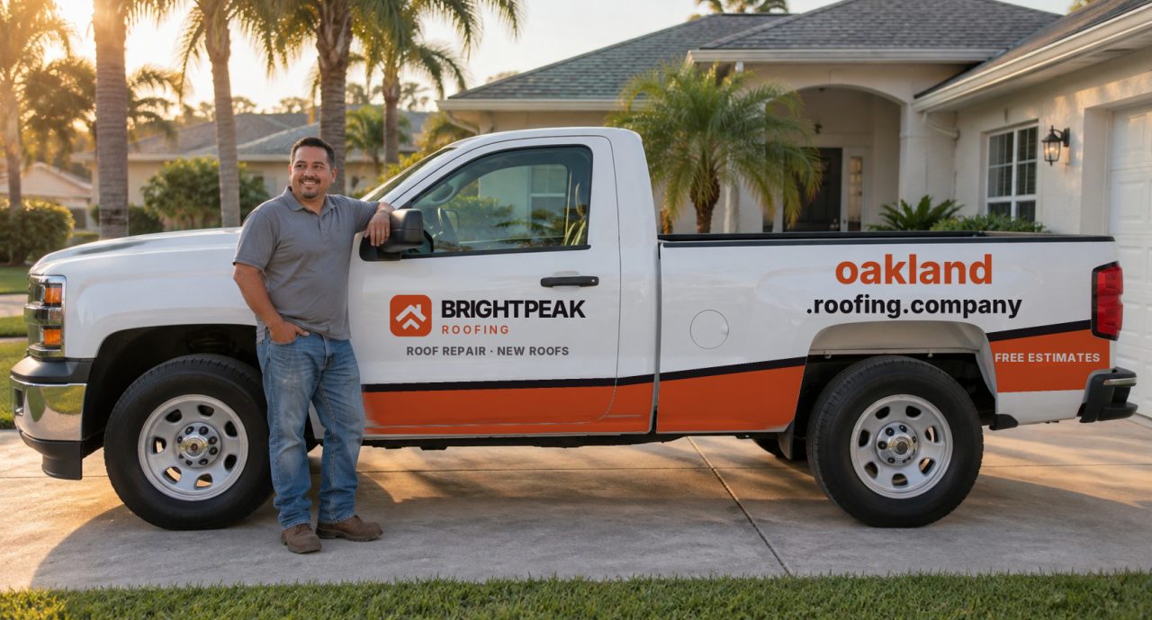 oakland.roofing.company painted on the side of a white work truck