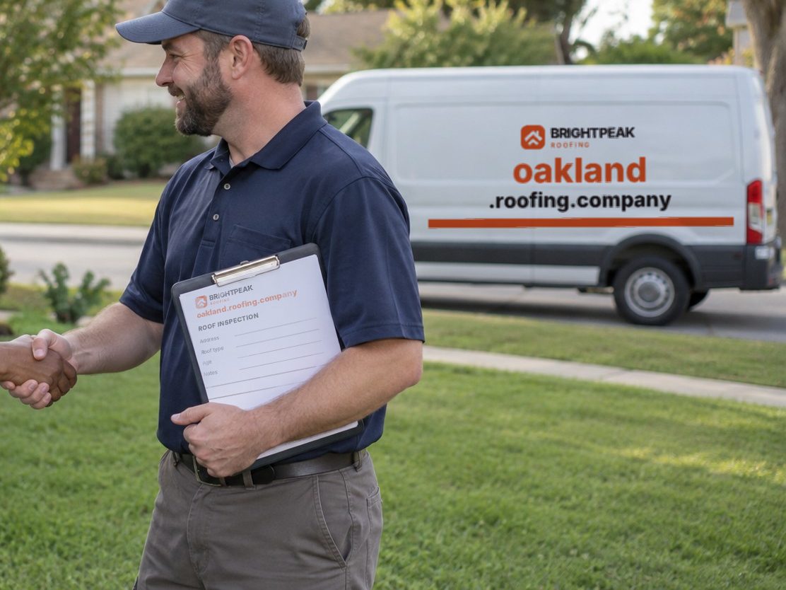 oakland.roofing.company on a roofing van and an inspection form